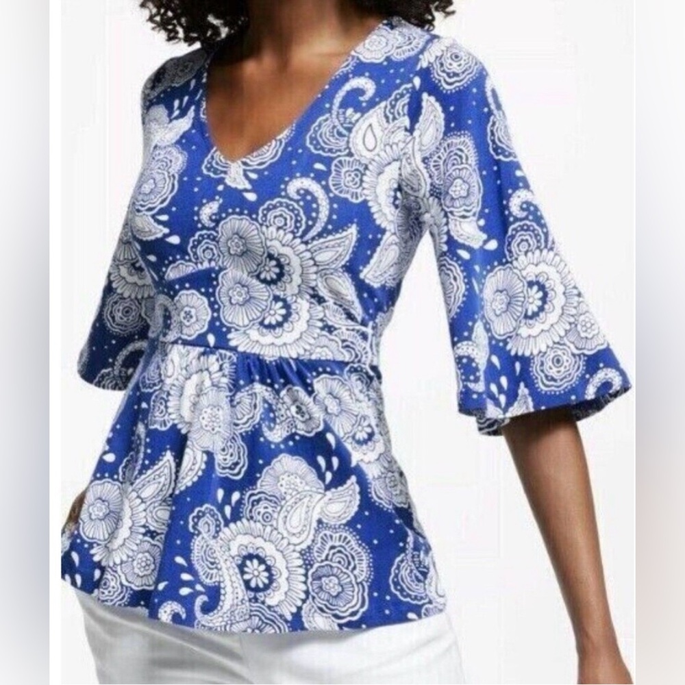 Boden Louisa Jersey Top Blue White Floral Peplum 3/4 Sleeve Women’s US 10